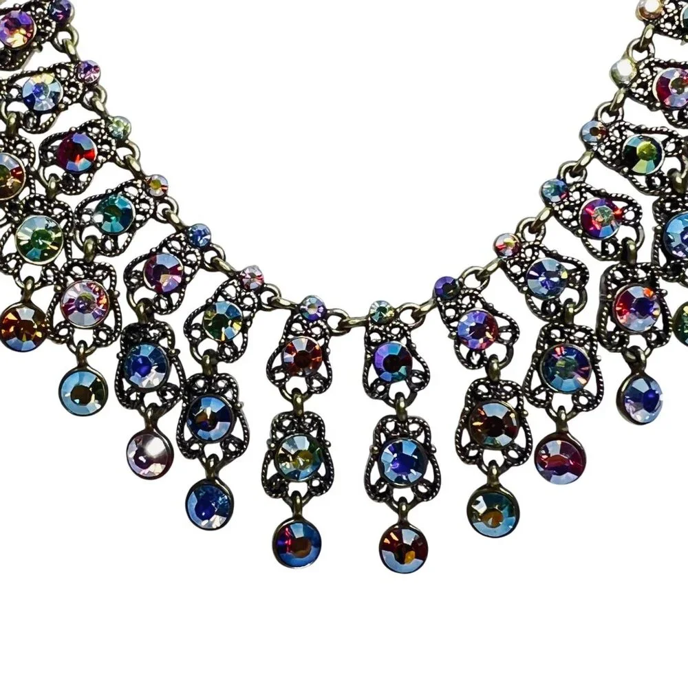 Kirks Folly Brass Tone And Multi Colored AB Rhinestone Bib Necklace (5995) - Picture 4 of 9